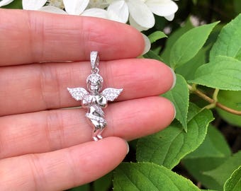 22mm/0.87in Silver Angel Pendant Sterling Silver 925, Cubic Zirconia, Pave Pendant, Baby Angel Pendant, 31mm/1.22"