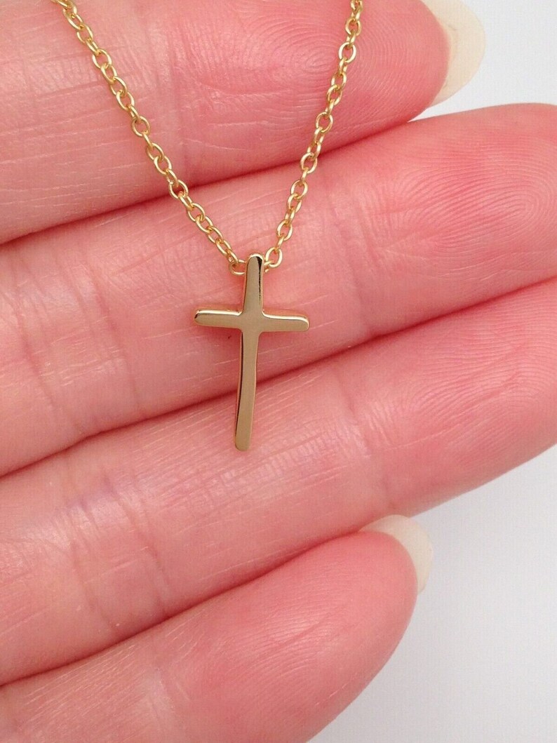 0.55in Plain Gold Cross Necklace 925 Sterling Silver, Small Tiny Thin Cross Pendant Necklace