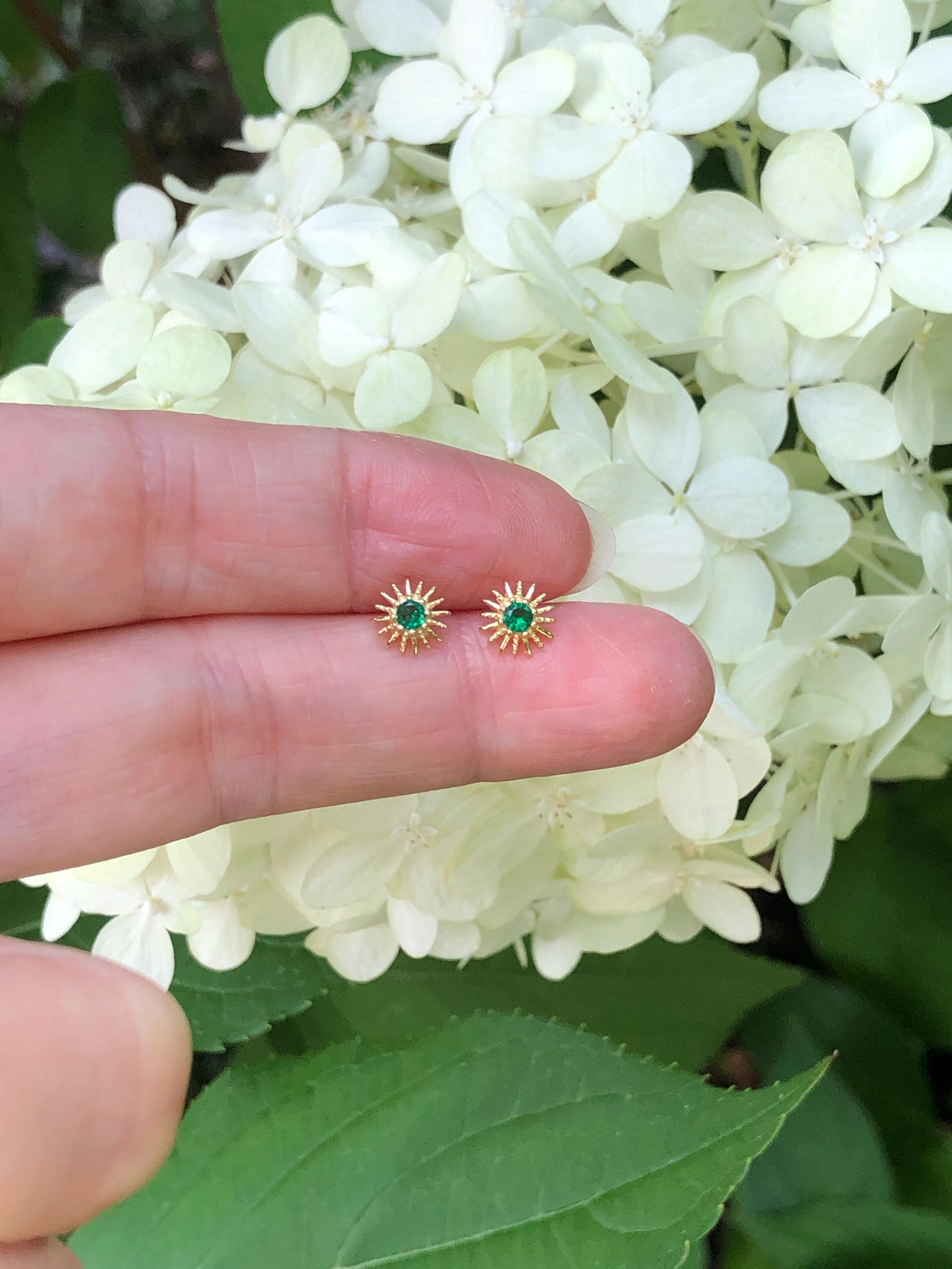 5.5mm Gold Emerald Sunburst Stud Earrings Sterling Silver 925, Gold Plated Sunburst Studs, Dainty Starburst Studs for Women Girls, Synthetic