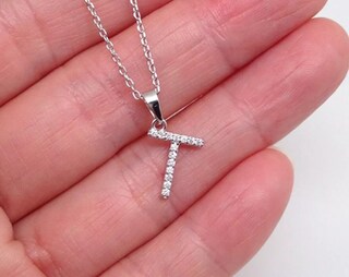Philip Jones Collana Iniziale Lettera T Con Cristalli Zircondia - Placcata Argento - Catena 43 Cm + 5 Cm Di Estensione - Gioiello Elegante Regalo