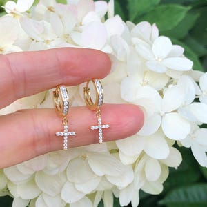 25mm/0.98in Gold Cross Dangle Hoop Earrings Sterling Silver 925, Gold Plated Cubic Zirconia Huggie Hoop Earrings for Men Women 12.5mm/9.5mm