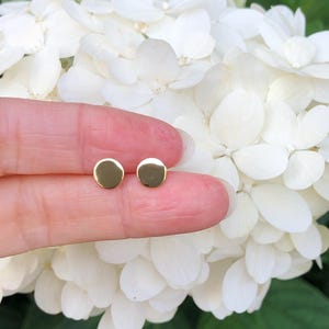 May include: A pair of small, round, gold stud earrings. The earrings are shown on a finger against a background of white flowers.