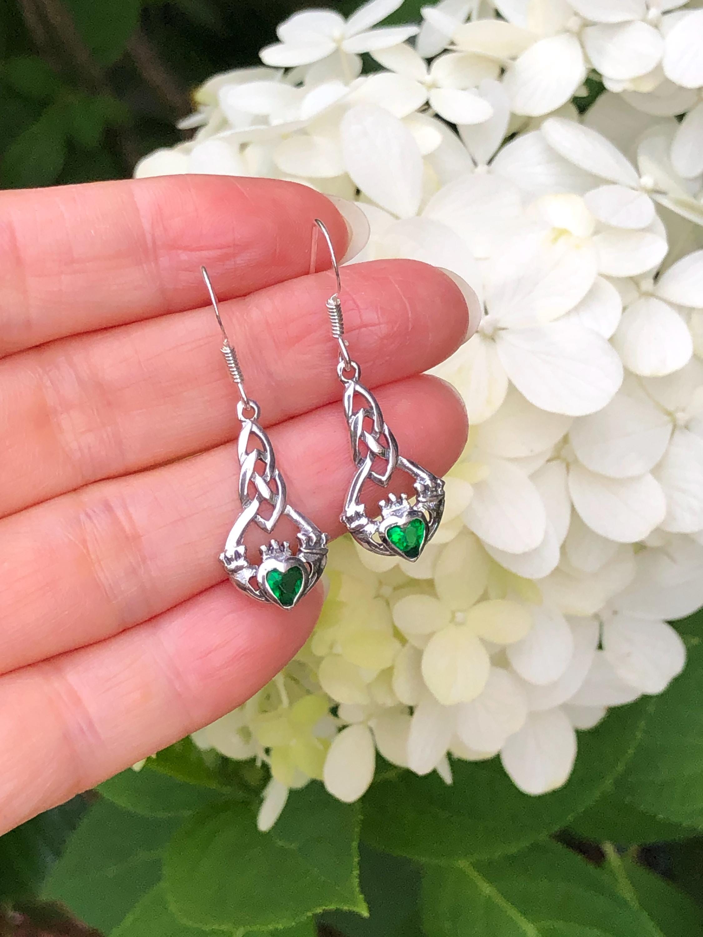 20mm/0.79in Emerald Claddagh Dangle Earrings Sterling Silver