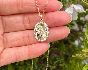 18.5mm/0.73in Gold Guadalupe Necklace Sterling Silver 925, Gold Plated, Pave Cubic Zirconia, Virgin Mary Necklace, Fluted Pendant, 16-18"