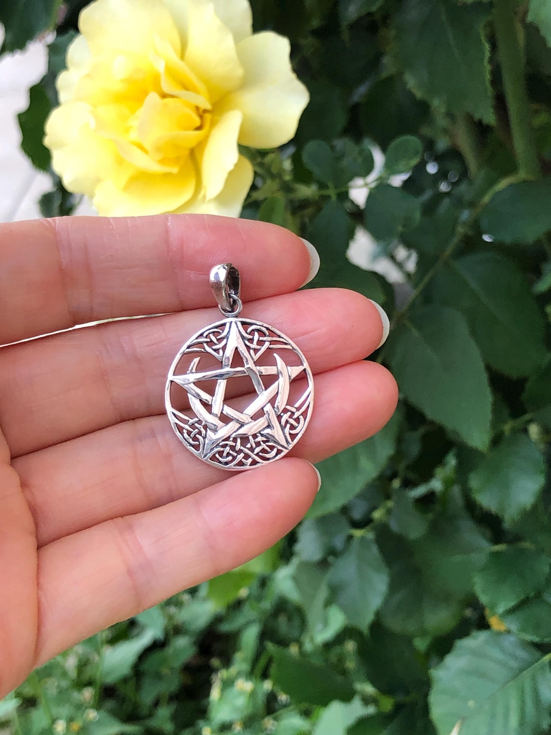 24mm/0.95in Silver Celtic Knot Crescent Moon Pentagram Pendant Sterling ...