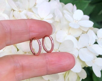 13mm/11mm x1.2mm Twisted Huggie Hoop Earrings Sterling Silver 925, Rose Gold Plated, SMALL Tiny Hoops, Thin Rope Hoops