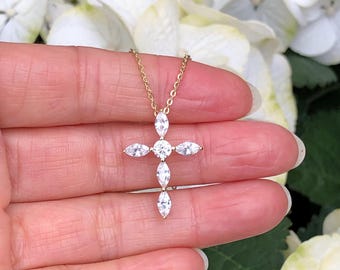 23mm/0.91in Gold Cross Necklace Sterling Silver 925, Gold Plated, Cubic Zirconia, Marquise Cross Necklace, Floating Pendant, 15.5-17.5"