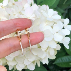 May include: A pair of gold hoop earrings with a vertical bar of small, clear crystals hanging from each hoop. The earrings are displayed against a backdrop of white and green flowers.