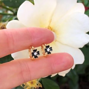 10mm/8mm x1.5mm Gold Black Flower Huggie Hoops Sterling Silver 925, Cubic Zirconia Enamel Flower Hoops, Gold Plated Flower Huggie Hoops TINY
