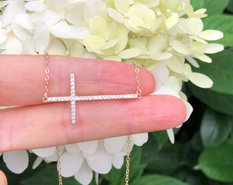 33mm/1.3in Gold Cross Necklace Sterling Silver 925, Gold Plated, Cubic Zirconia, Sideways Cross Necklace for Women Girls, 15.25-17.25"