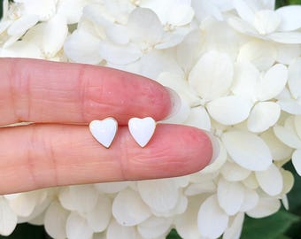 7.3mm Gold White Heart Stud Earrings Sterling Silver 925, Gold Plated, Tiny White Heart Earrings for Women Girls, Enamel Heart Studs