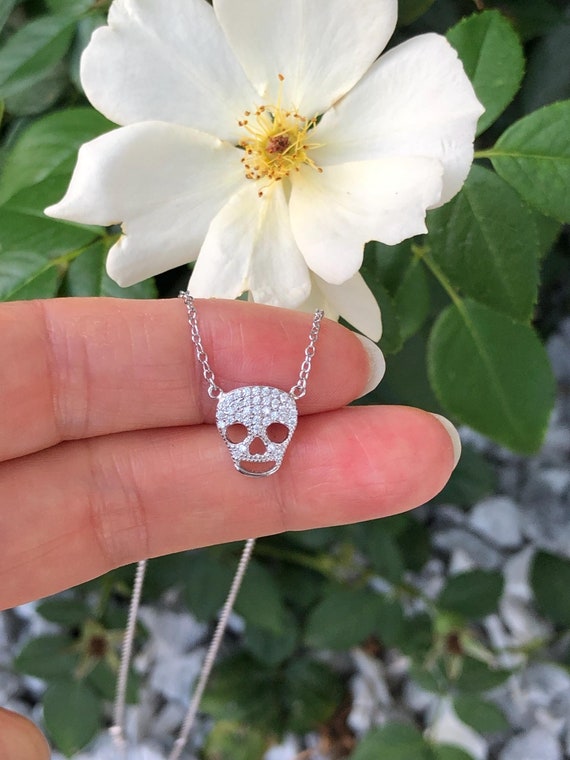 11mm/0.43in Silver Skull Necklace Sterling Silver 925, Cubic Zirconia, Pave Necklace, Tiny Skull Necklace for Women Girls, 15.5-17.5"