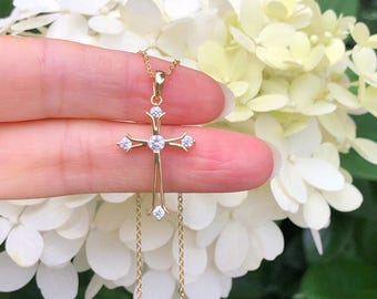 Collar con cruz de oro de 24 mm/0,94 pulgadas, plata de ley 925, chapado en oro, circonita cúbica, cruz ortodoxa calada, 15,75-17,75 pulgadas.