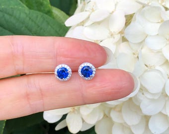 7mm Silver Blue Sapphire Halo Stud Earrings Sterling Silver 925, Cubic Zirconia, Dainty Sapphire Studs, Tiny Round Halo Earrings, Synthetic