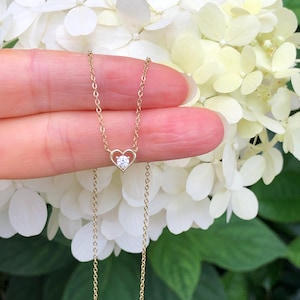 6mm Gold Heart Necklace Sterling Silver 925, Cubic Zirconia Tiny Heart Necklace, Gold Plated Dainty Heart Necklace for Women Girls Kids, 18”