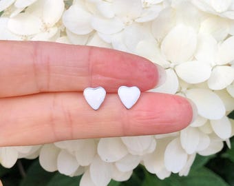 7.3mm White Heart Stud Earrings Sterling Silver 925, Enamel Studs, Tiny Heart Earrings, Dainty Heart Studs