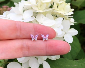 7mm Silver Pink Butterfly Stud Earrings Sterling Silver 925, Cubic Zirconia, Pink Butterfly Earrings, Tiny Dainty Studs