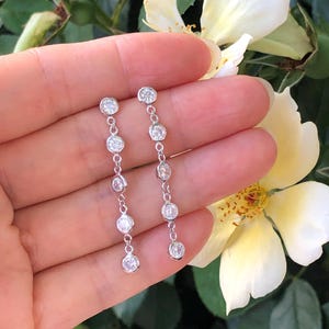 40mm/1.57in x4mm Silver By the Yard Station Earrings Sterling Silver 925, Cubic Zirconia Bezel Station Dangle Drop Earrings, Gift for her