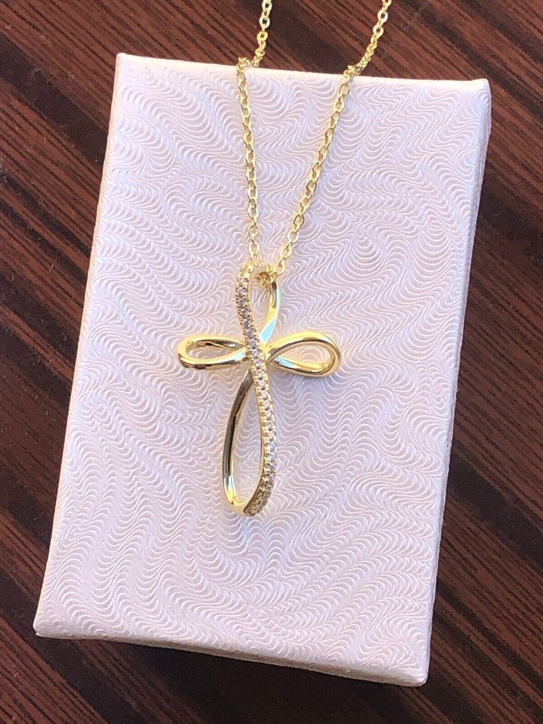 1.10in Gold Infinity Cross Necklace 925 Sterling Silver, Cubic Zirconia