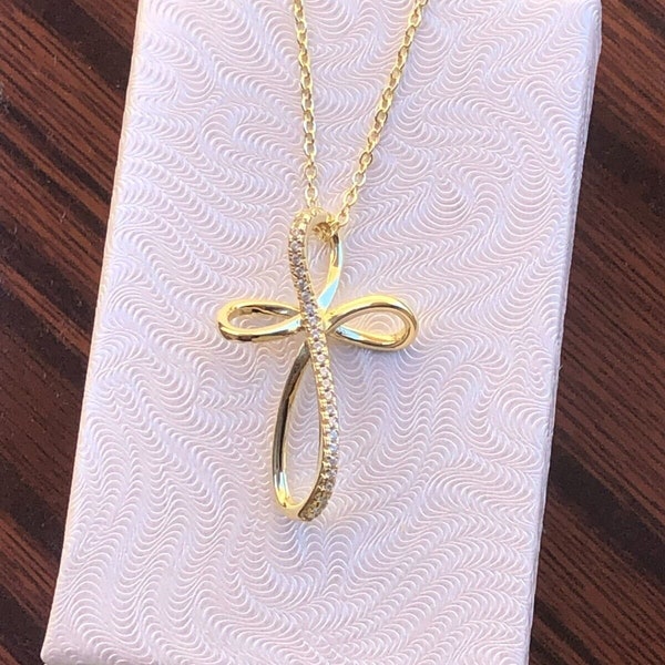 1.10in Gold Infinity Cross Necklace 925 Sterling Silver, Cz Infinity Cross Pendant Charm Necklace Gold Plated Slide 28mm/1.10" 16-18" Womens