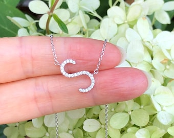 15mm/0.59in Silver Initial S Necklace Sterling Silver 925, Cubic Zirconia, Sideways Initial Letter S Necklace, 15.25-17.25"