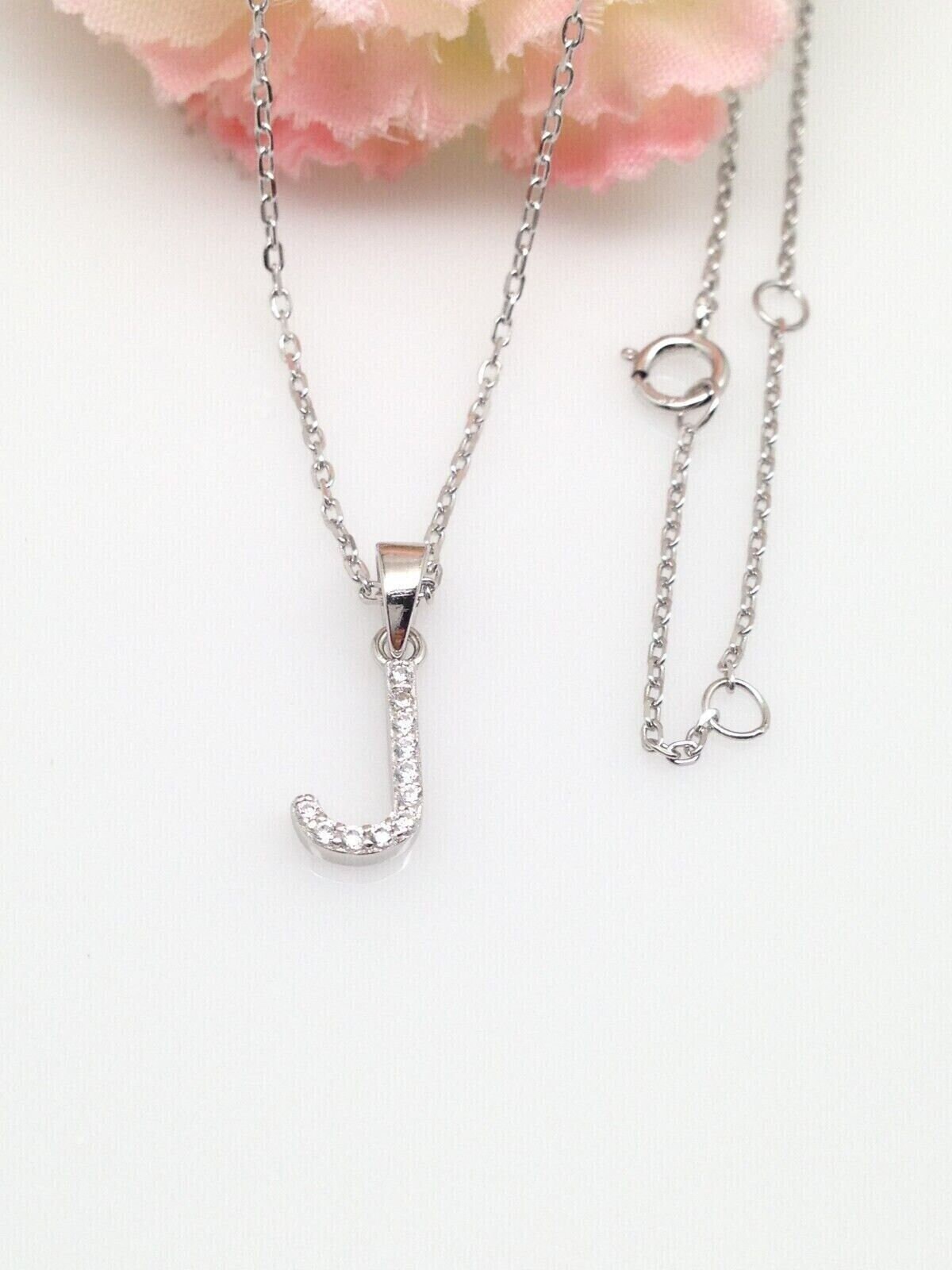 9mm Silver Initial J Necklace Sterling Silver 925, Cubic Zirconia 