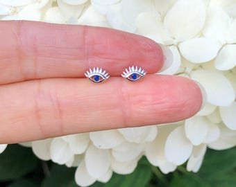 May include: A pair of silver earrings with a blue evil eye design. The earrings are small and delicate, and they would make a great gift for someone special.