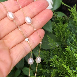 24in Gold Freshwater Pearl Station Necklace Sterling Silver 925, Bezel Set Cubic Zirconia Necklace, Gold Plated Pearl Necklace for Women