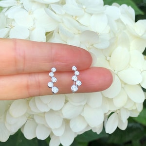 May include: A pair of silver-toned ear climbers featuring a curved design with five round, clear stones set in a graduated size arrangement, following the natural contour of the earlobe for a sleek and polished appearance.