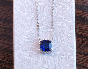 0.39in Square Sapphire Halo Pendant Necklace 925 Sterling Silver, Cz Blue Sapphire Charm Necklace Womens 10mm(0.39")/8mm(0.31") 15.5-17.5"