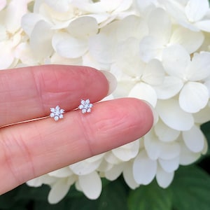 4mm Silver Flower Stud Earrings Sterling Silver 925, Cubic Zirconia Flower Studs, Mini Flower Studs, Dainty Flower Earrings
