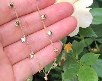 3mm Gold Heart Station Choker Necklace Sterling Silver 925, Gold Plated, Dangling Heart Charm Necklace, Plain Dainty Heart CHOKER 12.5-15.5"