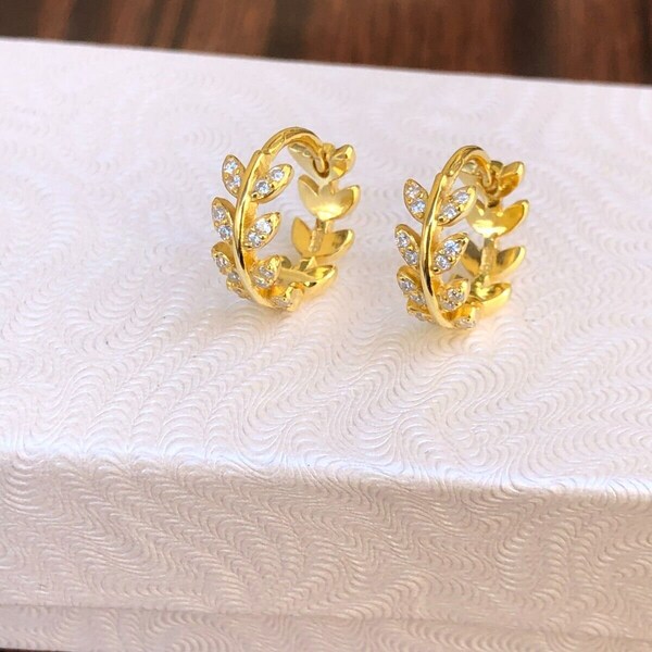 0.47in Cz Gold Leaves Leaf Vine Huggie Hoop Earrings 925 Sterling Silver, Small Leaf Vine Huggie Hoops Gold Plated Womens 12mm(0.47")x4.3mm