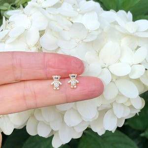 May include: A pair of gold-toned teddy bear stud earrings with clear cubic zirconia stones. The earrings are shown on a finger against a background of white hydrangea flowers.
