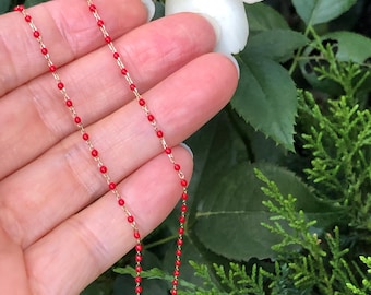 1mm Gold Red Bead Beaded Necklace Sterling Silver 925, Dainty Resin Bead Station Necklace, Gold Plated Chain Necklace, Gift for her 16-18&quot;