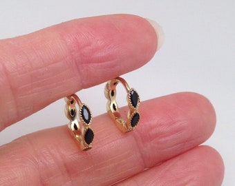 12.8mm/9mm x2mm Black Onyx Hoop Earrings Sterling Silver 925, All Around Marquise Huggie Hoops, Gold Plated Small Hoops, Synthetic