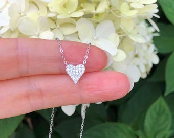 9mm Silver Heart Necklace 925 Sterling Silver, Cubic Zirconia Pave Heart Necklace, Dainty Tiny Heart Necklace, 9mm(0.35&quot;) 15.75-17.75&quot;
