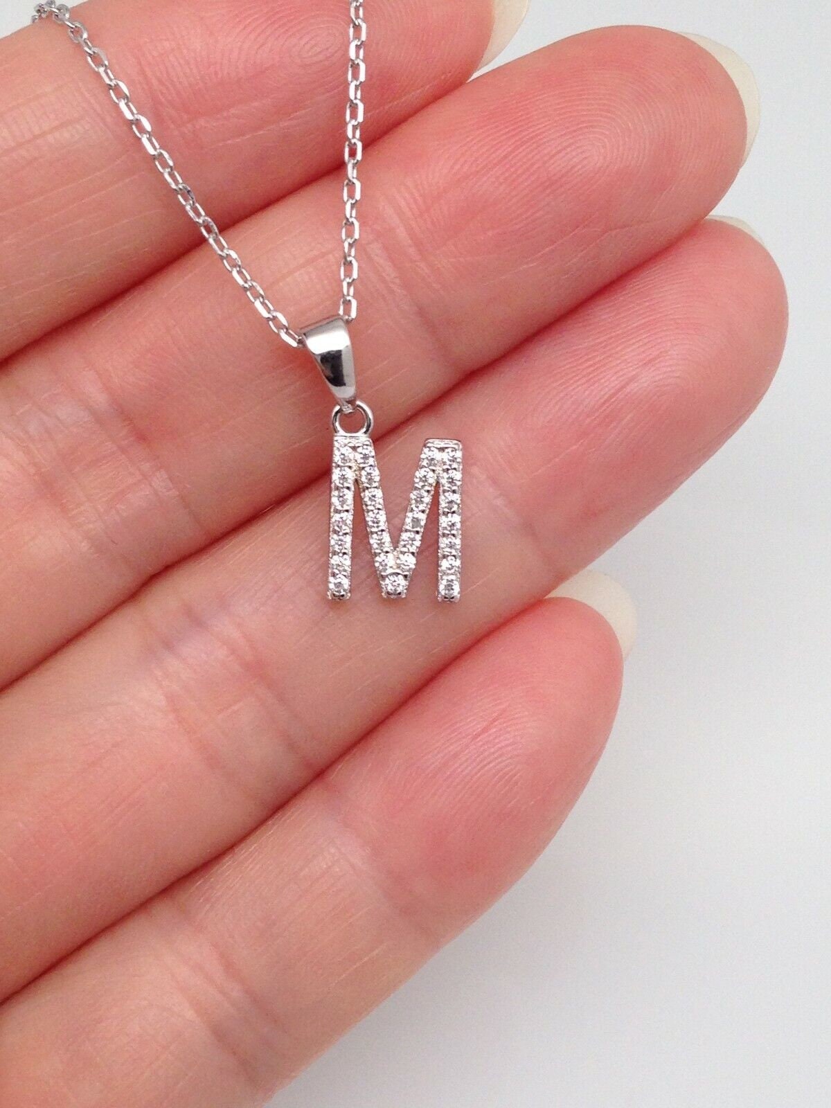 8.8mm Silver Initial M Necklace Sterling Silver 925, Cubic