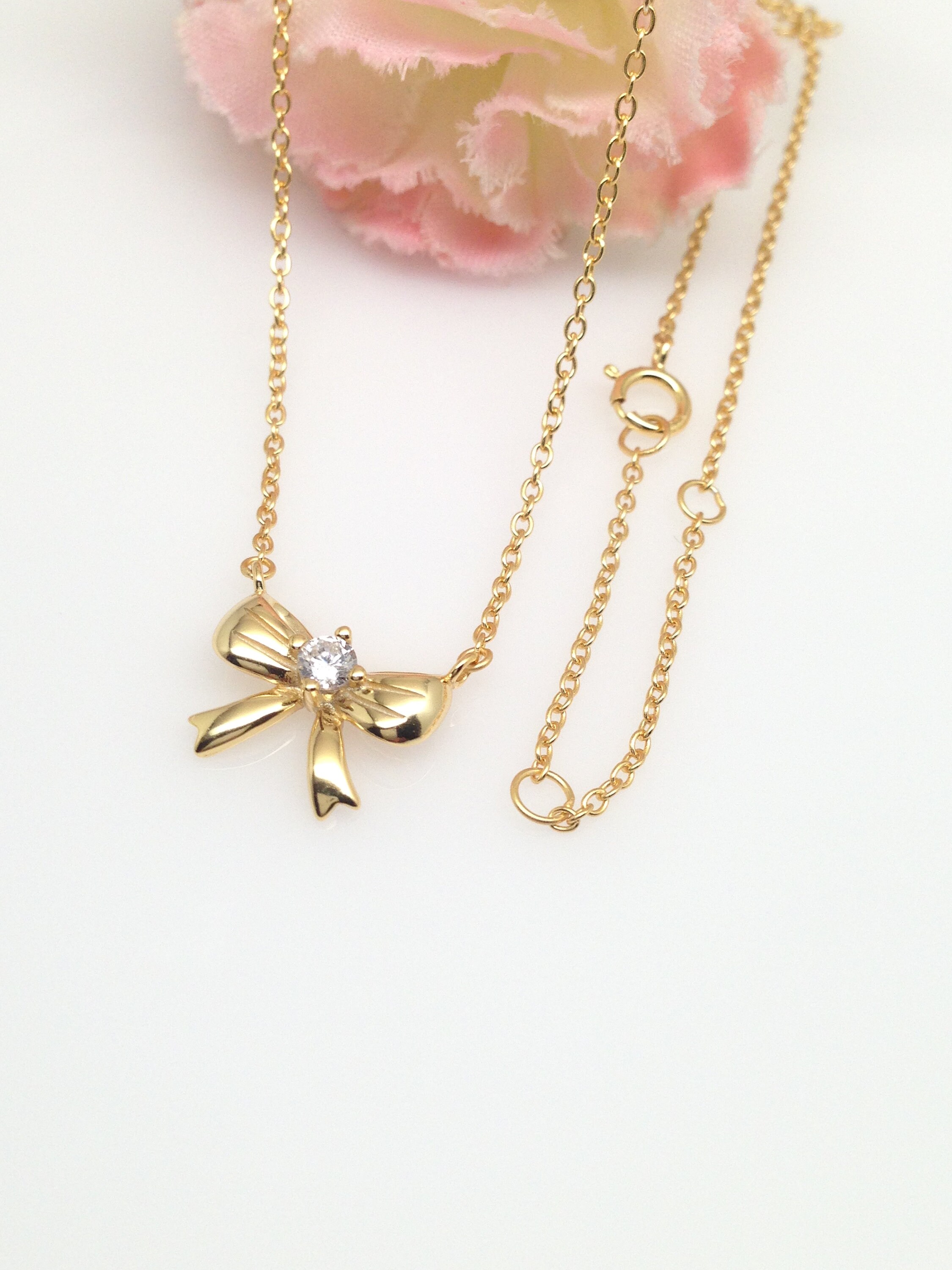 12mm/0.47in Gold Bow Necklace 925 Sterling Silver, Cubic