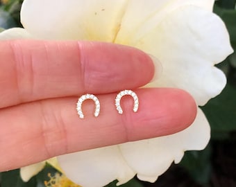 6mm Gold Horseshoe Stud Earrings Sterling Silver 925, Gold Plated, Cubic Zirconia, Pave Studs, Dainty Horseshoe Earrings for Women Girls