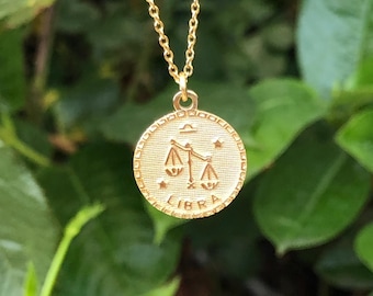 15mm/0.59in Gold Zodiac Libra Necklace Sterling Silver 925, Gold Plated, Small Round Zodiac Necklace for Women Girls, 16-18"