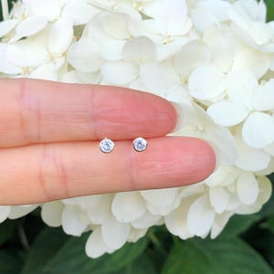 May include: A pair of small, silver stud earrings with clear round stones.