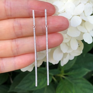 May include: A pair of long, thin silver earrings with a row of small, clear diamonds on each earring.