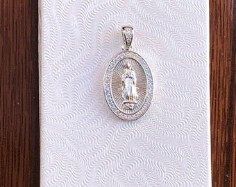 0.69in Cz Guadalupe Pendant 925 Sterling Silver, Virgin Mary Guadalupe Charm, Small Oval Pendant Mens Womens 17.5mm(0.69")/24mm(0.94")