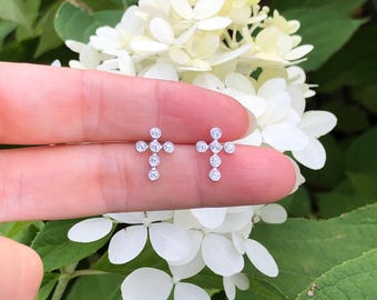 12.5mm Silver Bubble Cross Stud Earrings Sterling Silver 925, Cubic Zirconia, Tiny Bezel Cross Studs