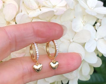 20mm/0.79in Gold Heart Dangle Hoop Earrings Sterling Silver 925, Gold Plated, Cubic Zirconia, Small Huggie Hoops 13mm/10mm