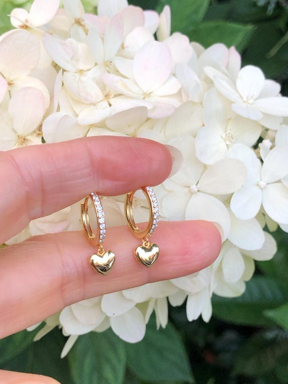 20mm/0.79in Gold Heart Dangle Hoop Earrings Sterling Silver