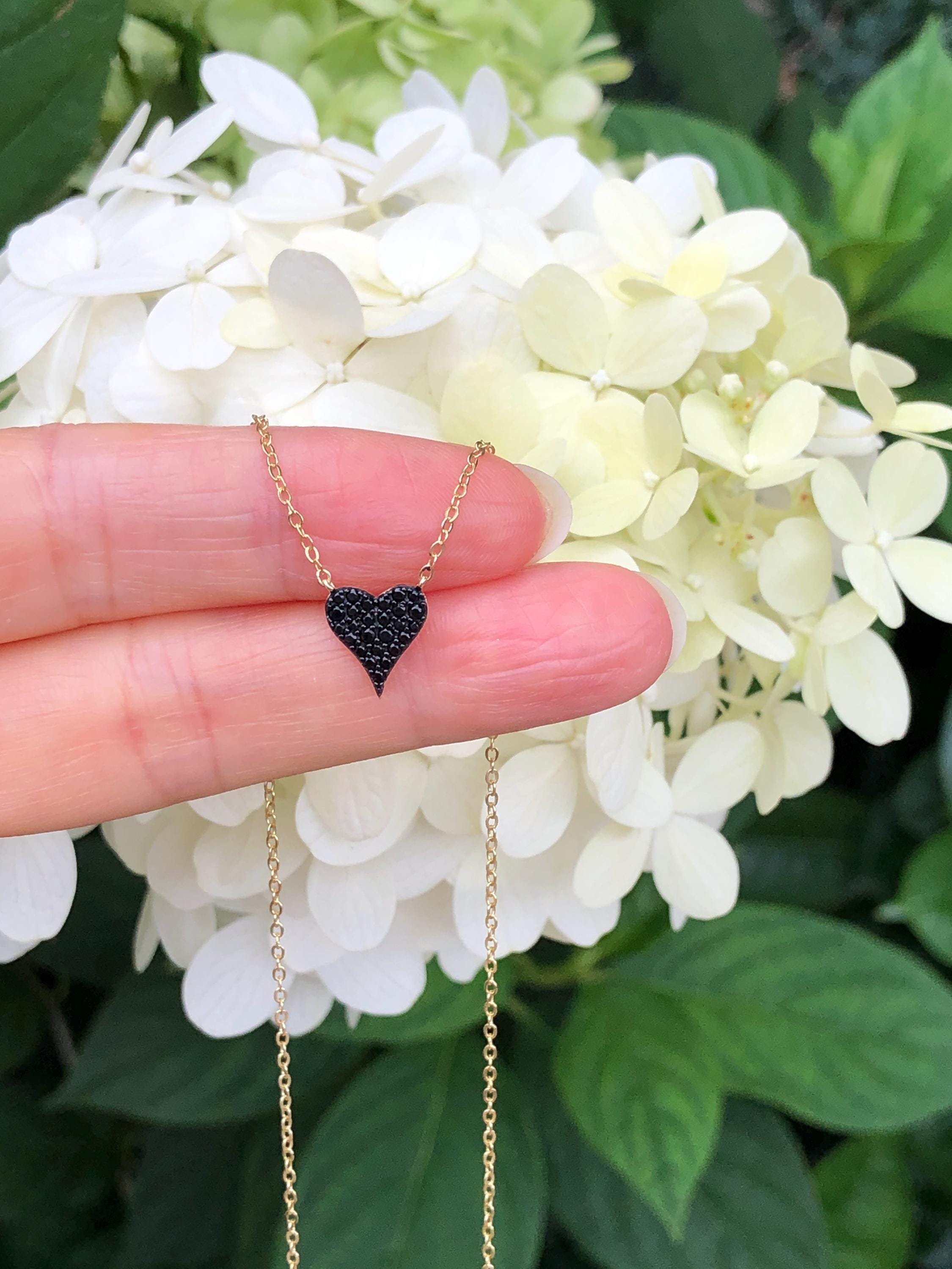 9mm Black Heart Necklace Sterling Silver 925, Black Onyx