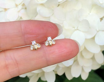 6mm Gold Bumble Bee Stud Earrings Sterling Silver 925, Tiny Dainty Honey Bee Earrings, Gold Plated Studs, Cubic Zirconia