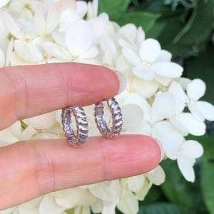 14.5mm/10mm x3mm Silver Rope Huggie Hoop Earrings Sterling Silver 925, Plain Rope Huggie Hoops, Small Rope Hoops for Men Women